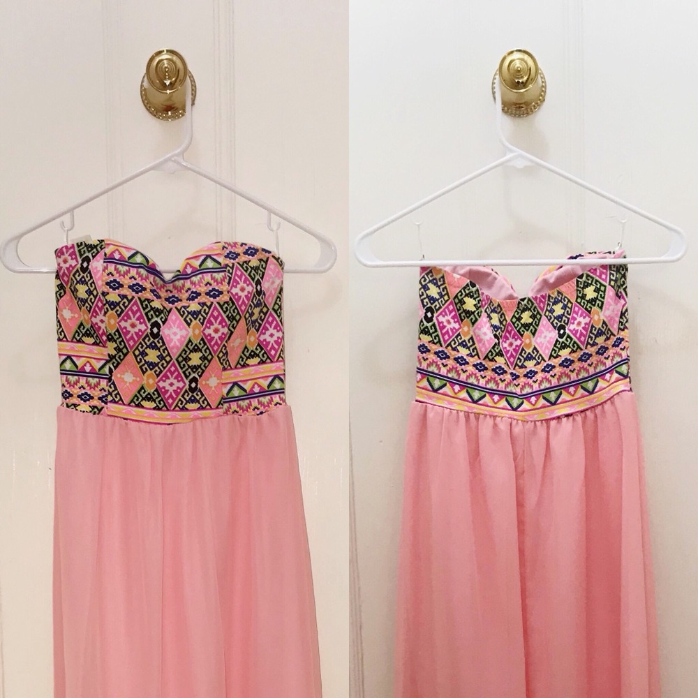 Pink/Aztec Print Strapless Maxi Dress